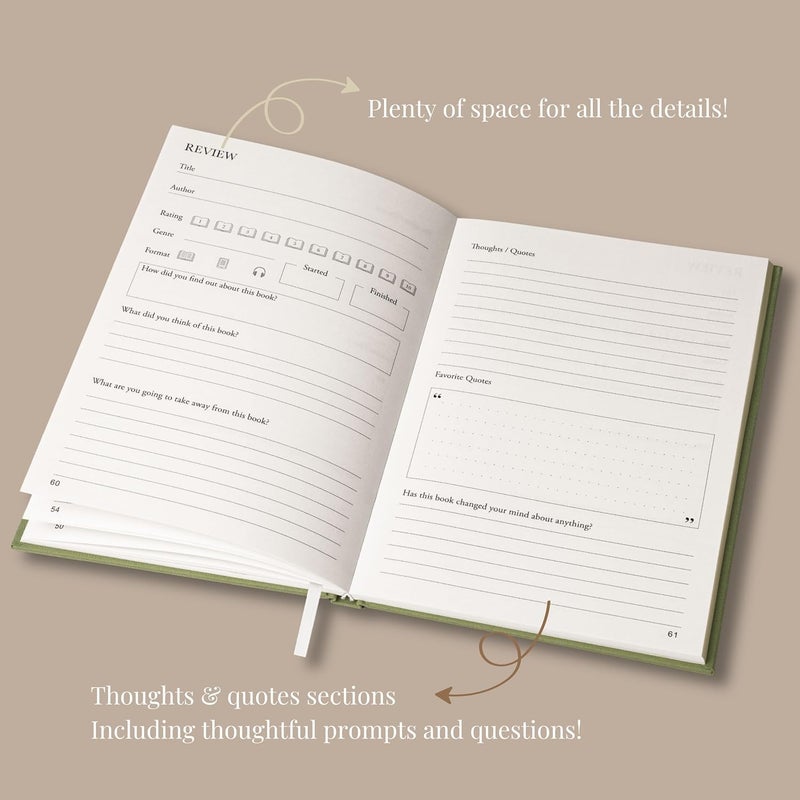 Paperell Reading Journal - 52 Reviews - Book Journal Gift for Book Lovers - Review, Log & Track Your Reading - Avid Readers Accessories - Linen Hardcover - Sage Green - Image 2